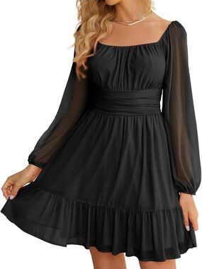 Amazon “wenrine” Black Long Sleeve Square Neck Chiffon Dress